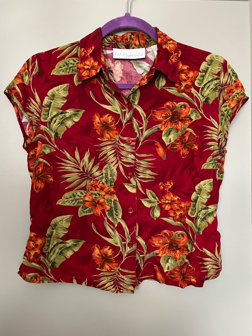 Vintage Hawaiian Tropical Floral Button-Up Cropped Top